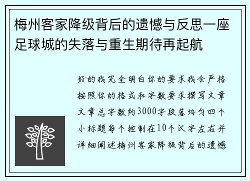 梅州客家降级背后的遗憾与反思一座足球城的失落与重生期待再起航